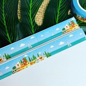Coastal Town, Houses, Buildings, Church Overlooking Ocean, 
Washi Tape, 1 Roll